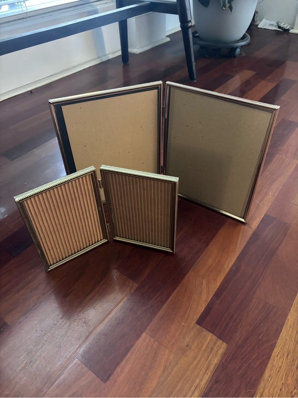 Vintage metal picture frame hinged sets. 1 8x10 double frame and 1 5x7 double